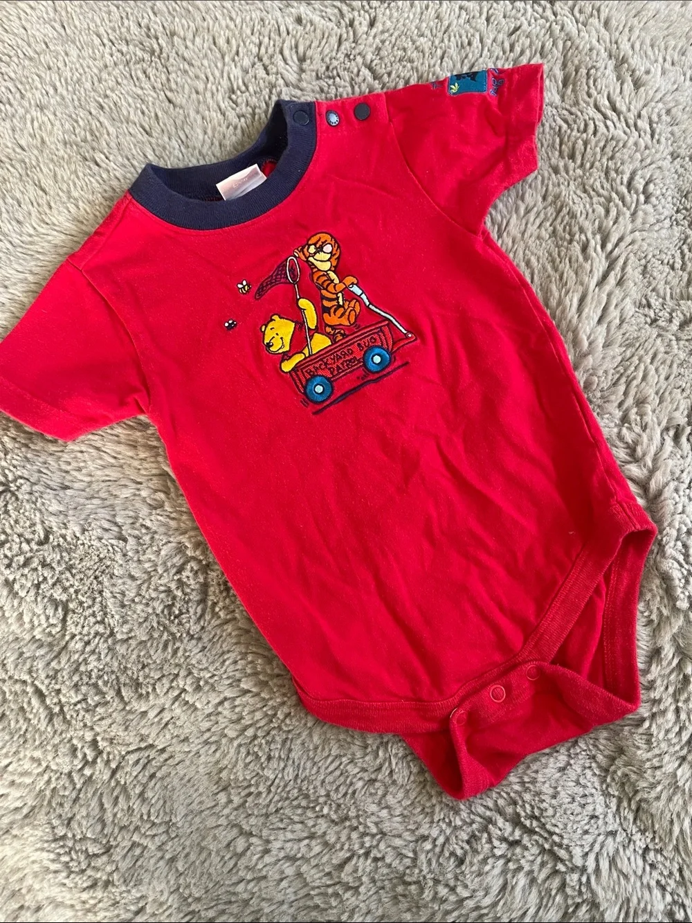 Vintage Disney Red Short-Sleeve Winnie the Pooh & Tigger Bodysuit with Navy Trim